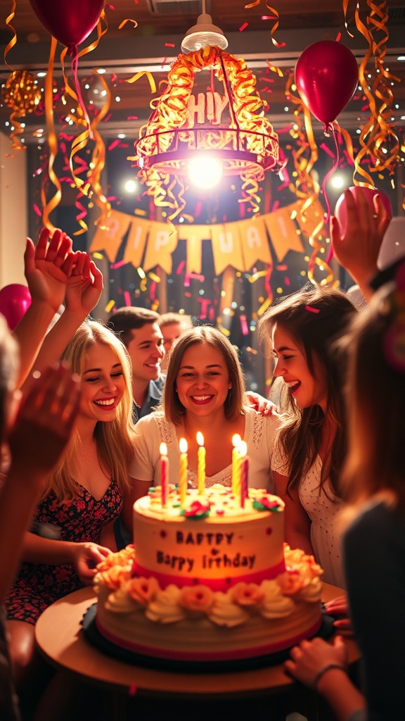 Uma vibrante celebração de aniversário com confetes coloridos, luzes brilhantes e pessoas sorrindo em um ambiente aconchegante e festivo, capturando a alegria e a esperança de um novo ciclo.