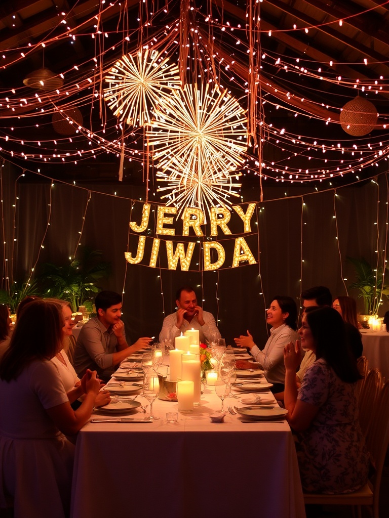 Cena de aniversário festiva com balões coloridos, confetes dourados e luzes brilhantes, simbolizando a alegria e a celebração de um novo ciclo. A imagem transmite uma atmosfera de esperança e novos começos.
