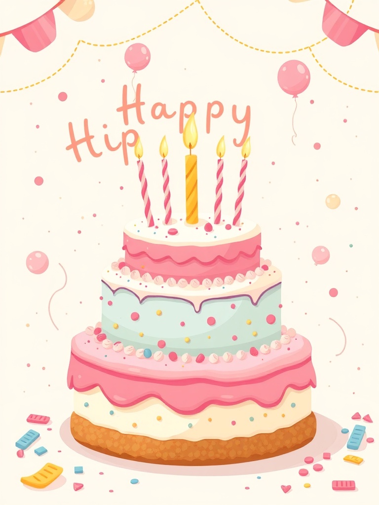 Uma ilustração inspiradora e calorosa de celebração de aniversário, com balões, confetes e um bolo em tons pastel suaves, perfeita para Pinterest. O foco está na alegria e renovação que um novo ano de vida traz.