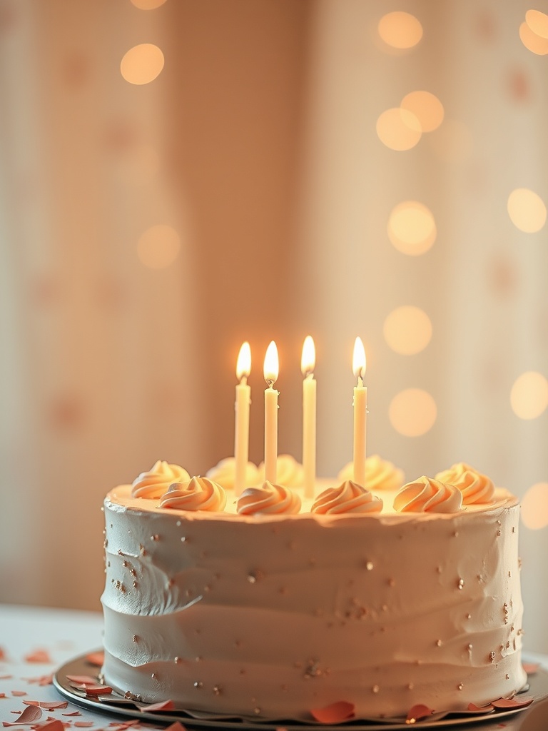 Uma imagem inspiradora de celebração de aniversário com luz dourada suave, um bolo elegante com velas sutis e confetes delicados. O fundo desfocado adiciona uma sensação de calor e felicidade, com uma estética Pinterest em estilo aquarela, transmitindo uma sensação leve e arejada.