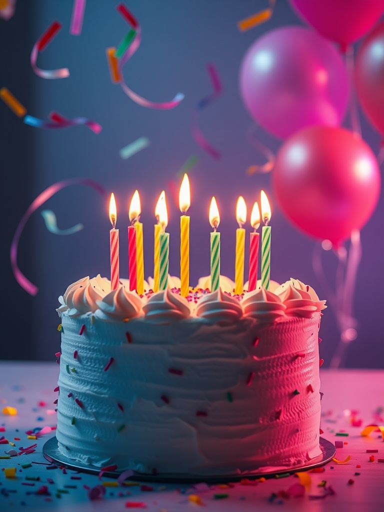 Um bolo de aniversário inspirador com velas acesas, balões festivos, confetes coloridos e uma luz acolhedora e convidativa, simbolizando alegria, celebração e novos começos com uma iluminação suave e onírica.