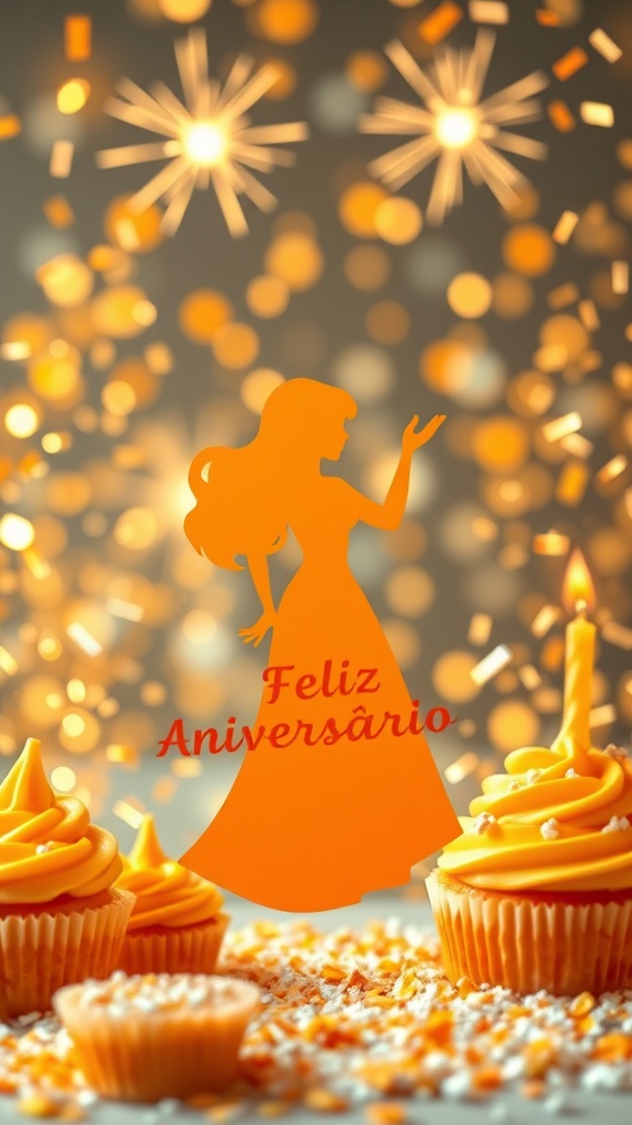 Uma imagem inspiradora de uma pessoa em celebração, envolta por uma explosão de confetes dourados e brilhos, com tons quentes de laranja e amarelo, transmitindo alegria e esperança para um novo ciclo. Ideal para Pinterest.